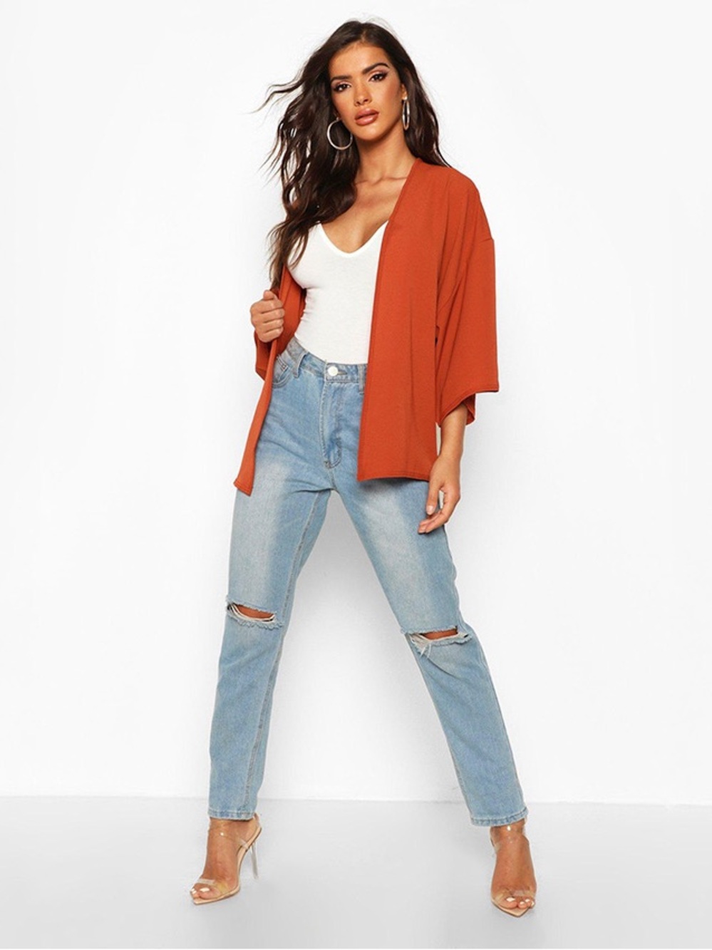 Boohoo Rust Terracotta Chiffon Kimono Cardigan Dolman Sleeve Boho 14
